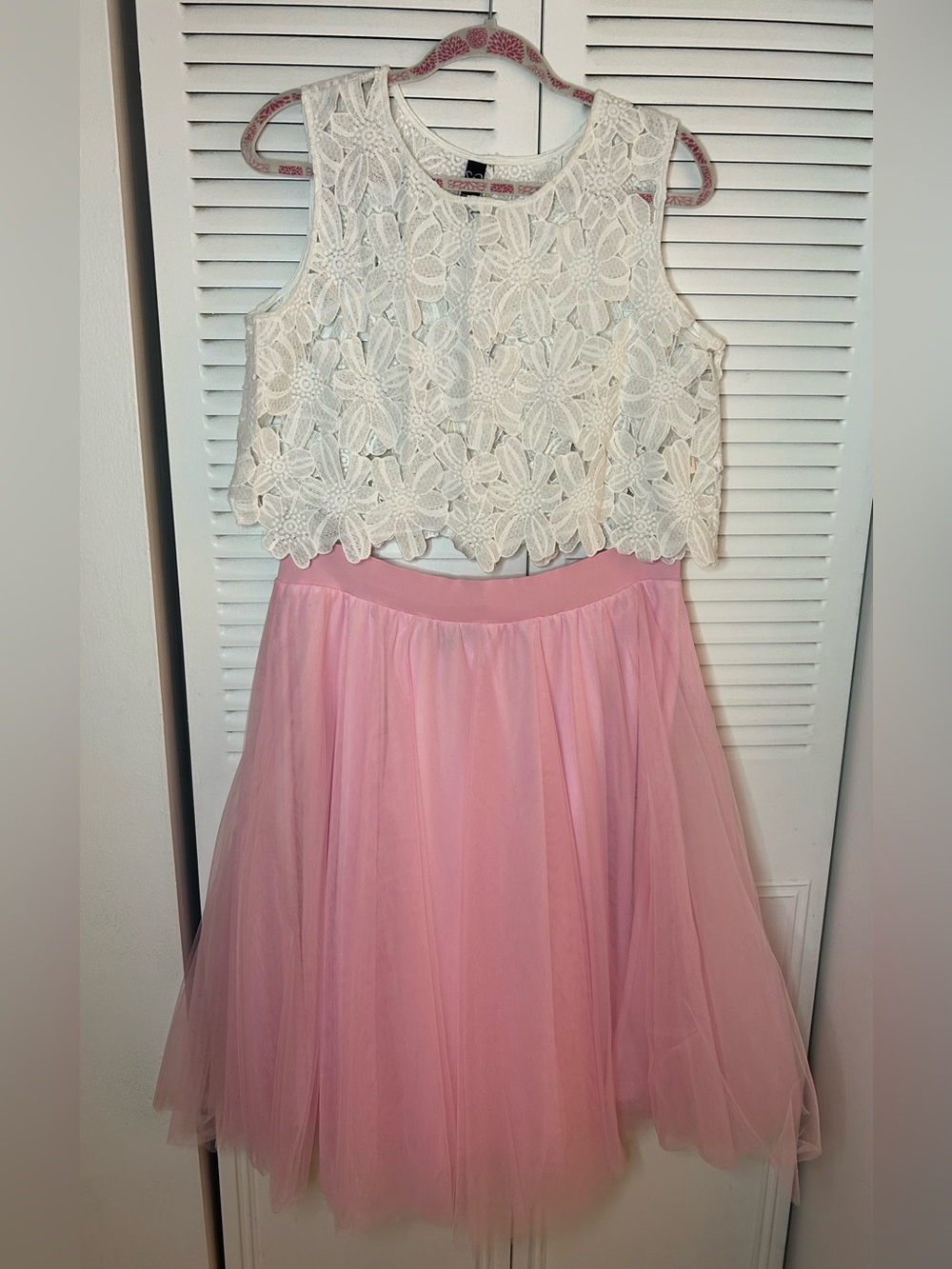 Windsor White Lace Crop Top with Pink Tulle Skirt